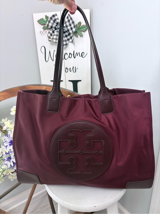 Tory Burch Handbags - Tory Burch Maroon Nylon Logo Tote with Dark Brown Trim